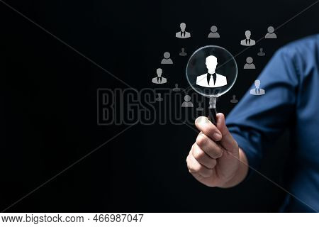 Headhunting, Recruitment And Hrm All Picking Workers. Magnifier Glass Focus To Manager Icon Which Is