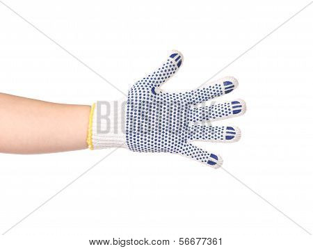Thin work glove with blue dots.