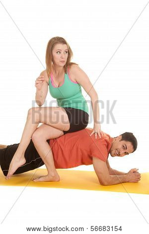 Man Pushup Woman Sit On Back Look Side