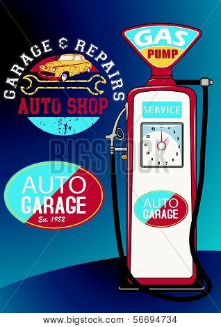 Auto repairs and gas pump.