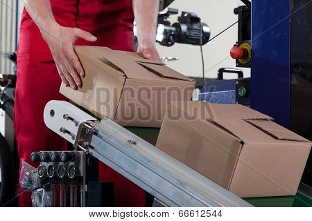 Worker Putting A Box On Conveyor Belt