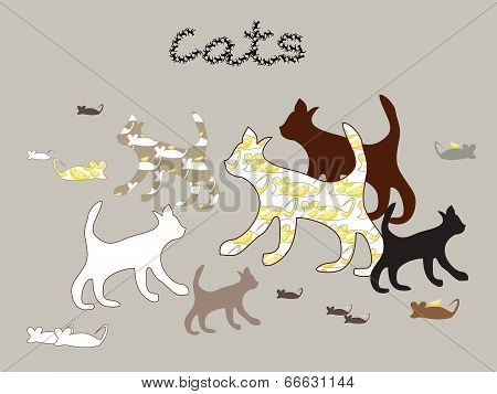 Vector silhouettes of cats and mouse
