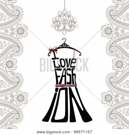 Silhouette Of Woman Dress From Words And Paisley Border