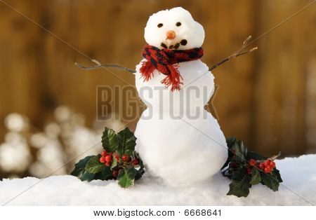 Pequeño muñeco de nieve con adornos de acebo de Navidad