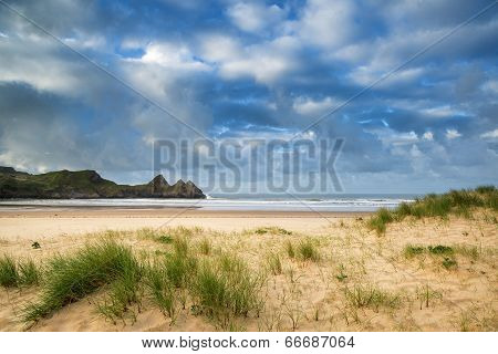 Beautiful Blue Sky Morning Landscape Over Sandy Three Cliffs Bay