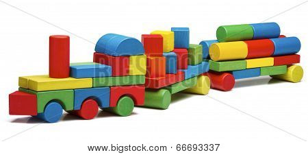 Toy Train Goods Van, Wooden Blocks Cargo Railway Transportation, Isolated White Background