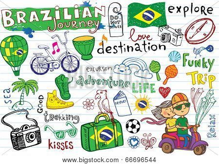 Brazilian travel, doodles - football, Brazilian accessories, clothes, trees, musical instruments, animals. For banners, sport backgrounds, presentations
