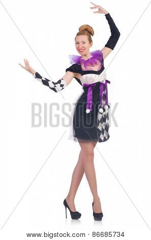 A girl in harlequin costume isolated on white