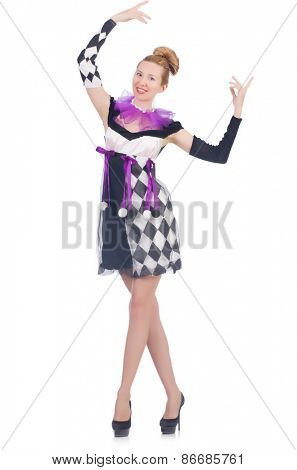 A girl in harlequin costume isolated on white
