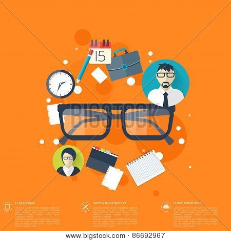 Flat background with papers and glasses icon.Temwork concept. Global communication and working expie