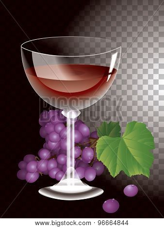 wine glass on background bunches of grapes