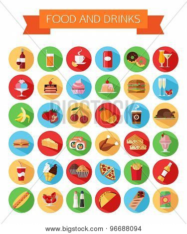 Set of colorful food and drinks icons. Flat style design isolated icons with long shadow.