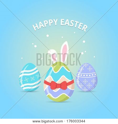 Happy Easter. Easter Bunny coming soon from eggs decorated with red ribbon.Easter greeting card with colorful eggs and bunny ears on blue background. Vector illustration in flat style.
