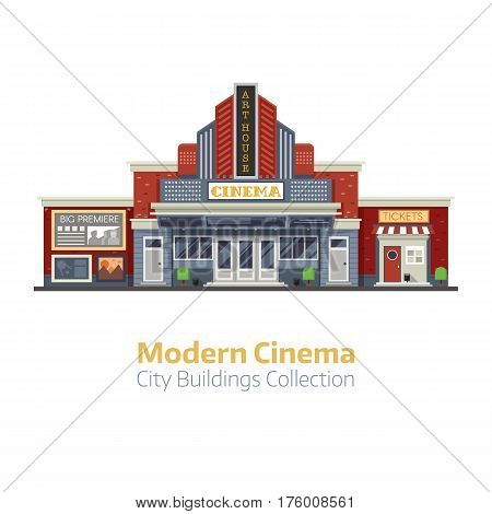 Modern cinema building facade isolated on white background. Movie theater exterior vector illustration. City culture and entertainment landmark with sign board and ticket office.