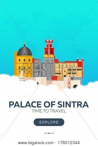 Portugal. Palace Of Sintra. Time To Travel. Travel Poster. Vector Flat Illustration.