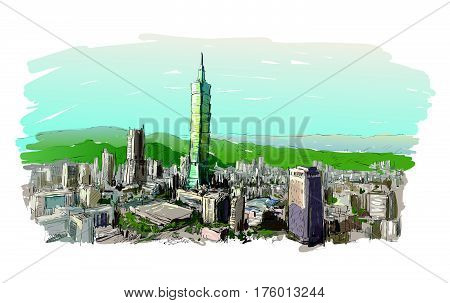 sketch of cityscape show townscape in Taiwan Taipei building illustration vector
