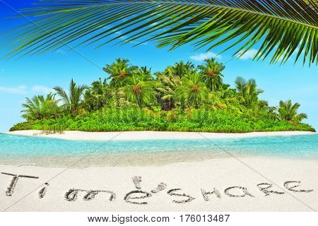 Whole Tropical Island Within Atoll In Tropical Ocean And Inscription 
