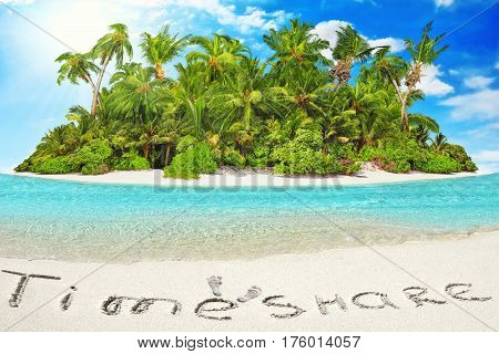 Whole Tropical Island Within Atoll In Tropical Ocean And Inscription 