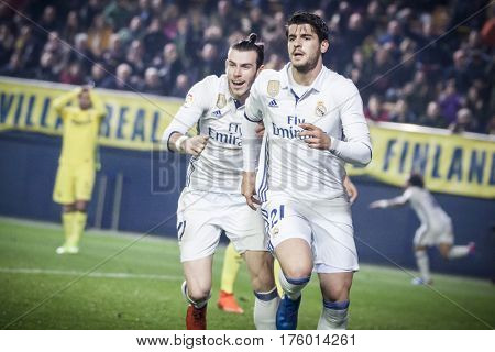 VILLARREAL, SPAIN - FEBRUARY 26: Morata and Bale celebrate a goal during La Liga match between Villarreal CF and Real Madrid at Estadio de la Ceramica on February 26, 2017 in Villarreal, Spain
