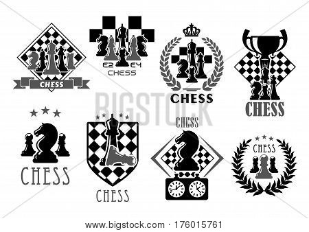 Chess club icons for chessplayer game contest or competition. Vector symbols of victory goblet cup prize on chessboard. Winner laurel and chessman pieces king and queen, rook or pawn and knight bishop