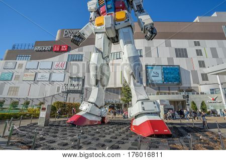 ODAIBA - TOKYO, JAPAN - 17 February 2017: Statue of Gundam at DivercCity Tokyo Plaza in Tokyo. It is ratio 1:1 of Gundam Statue Performances a the biggest Gundam in the world.