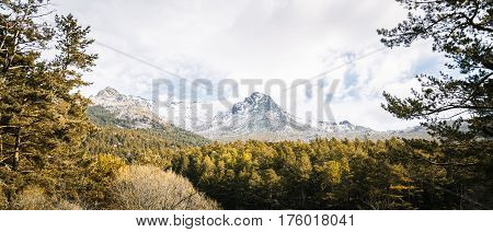 Reflection Of Trees and mountain In Calm Lake with snowed mountains on background. Navacerrada Madrid Spain