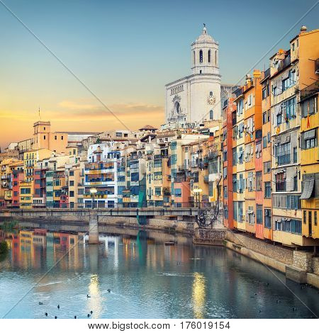 historical jewish quarter in Girona, view from Eiffel Bridge at sunrise, Barcelona, Spain, Catalonia