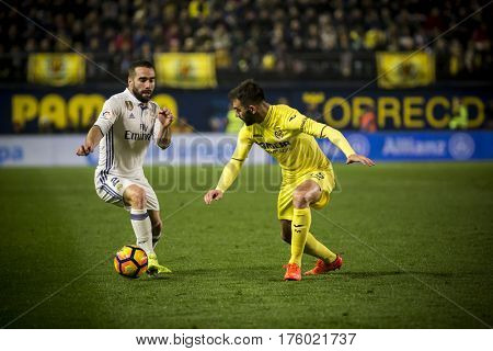 VILLARREAL, SPAIN - FEBRUARY 26: (L) Carvajal and Adrian during La Liga match between Villarreal CF and Real Madrid at Estadio de la Ceramica on February 26, 2017 in Villarreal, Spain