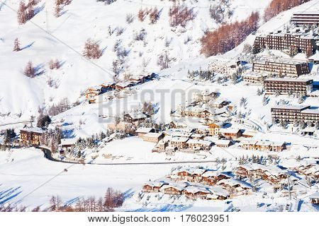 Beautiful view of snowcapped Sestriere village from above, Piedmont, Italy