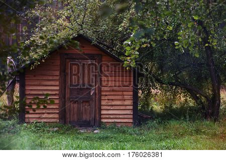 little tourist house near the tree. Altai mountain village