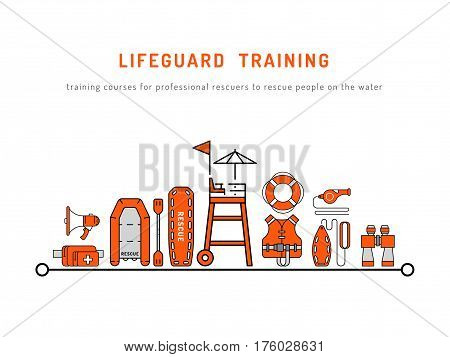Lifeguard training vector illustration on white background isolated. Cover of the courses of rescuers with a set of rescue equipment