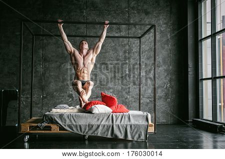 Young Sexy Men Bodybuilder Athlete,studio Portrait Loft On Background Of Stylized Wall,guy Model Wit