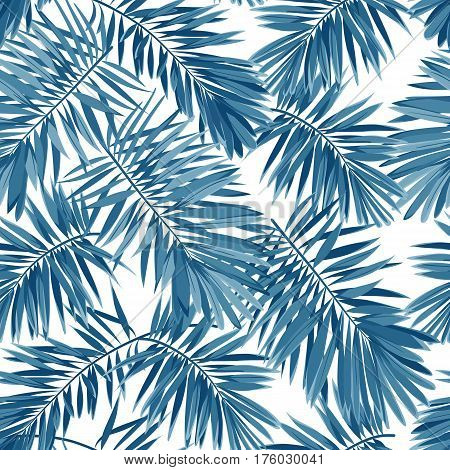 Indigo seamless pattern with monstera palm leaves on dark background. Summer tropical camouflage fabric design. Vector illustration.