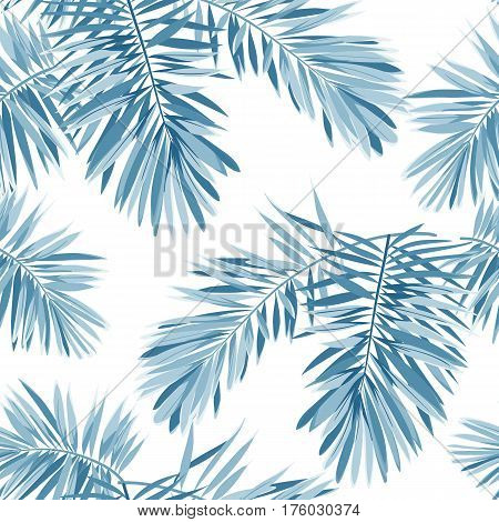 Indigo seamless pattern with monstera palm leaves on dark background. Summer tropical camouflage fabric design. Vector illustration.