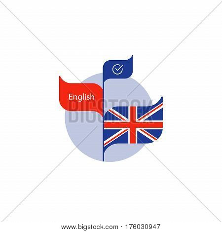 Learning British English concept, language course, English flag icon, vector flat illustration