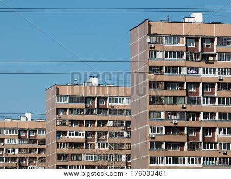 MOSCOW RUSSIA - 2016: Porechnaya street Batayskiy proezd near metro Bratislavskaya. Maryno district. Typical Moscow living quarters apartments windows. Sunny day River side.