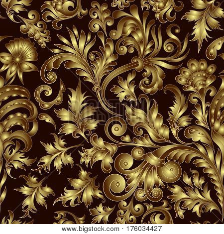 Vector gold pattern on black background with hand drawing fantastic flowers and leaves