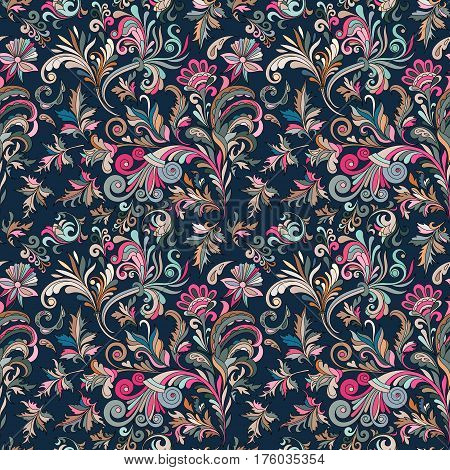 Vector floral seamless pattern with colorful fantasy plants and curls. Pastel blue ping beige pattern on dark blue background.