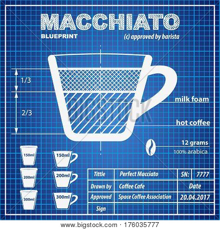 Coffee Macchiato composition and making scheme in blueprint paper drawing style. Print background composition of coffee for menu and posters. Modern design. Vector Illustration