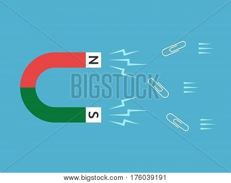 Horseshoe shaped magnet attracting paper clips on blue background. Influence physics and power concept. Flat design. Vector illustration. EPS 8 no transparency