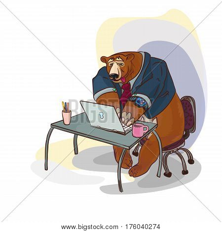 conceptual illustration with funny business character, big bear working