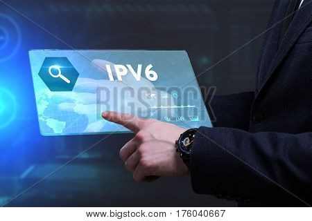 Business, Technology, Internet And Network Concept. Young Businessman Working On A Virtual Screen Of