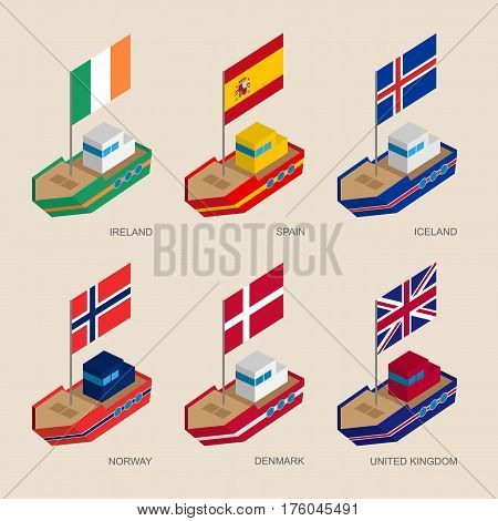 Isometric Ships With Flags: Denmark, Uk, Spain, Norway, Ireland, Iceland