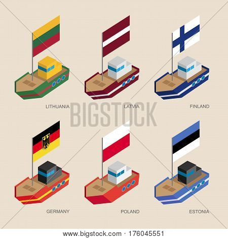 Isometric Ships With Flags: Germany, Latvia, Estonia, Lithuania, Finland, Poland