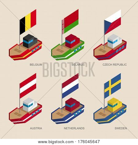 Isometric Ships With Flags: Belgium, Belarus, Czech Republic, Austria, Netherlands, Sweden