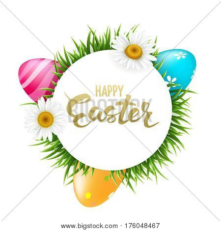 Happy Easter Lettering on Easter eggs in a field of grass