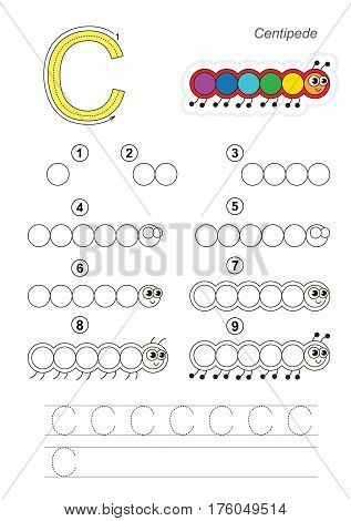 Vector illustrated alphabet with kid educational games to learn handwriting with easy game level for preschool children, kid drawing tutorial for letter C. Caterpillar.