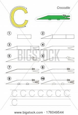 Vector illustrated alphabet with kid educational games to learn handwriting with easy game level for preschool children, kid drawing tutorial for letter C. Crocodile.