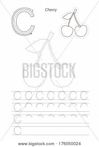 Vector illustrated worksheet to preschool children learn handwriting. Page to be traced for gaming and education with easy educational kid game level. Tracing worksheet for letter C. Two Cherries.