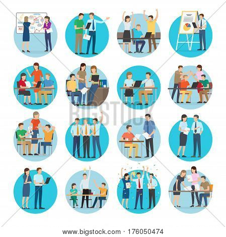 Office teamworking process vector collection on white. Typical day in office, planning, discussing, making diagrams, presenting ideas and charts, consulting, winning and celebrating round pictures